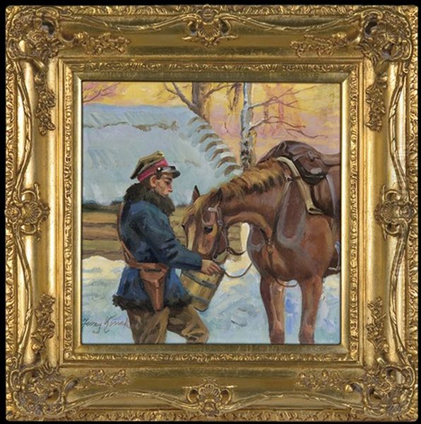 Ulan Watering His Horse Oil Painting by Jerzy Kossak