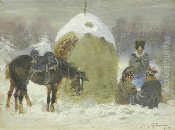 Zolnierze Napoleonscy Przy Ognisku W 1812 W Rosji Oil Painting by Jerzy Kossak