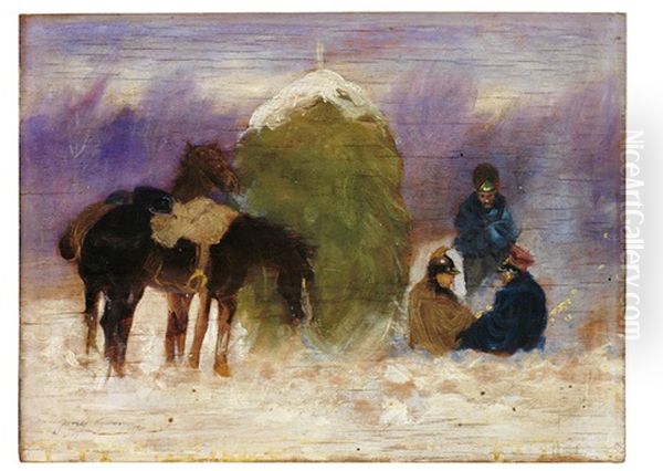 Kavalleristen Mit Pferden Lagern In Winterlandschaft Oil Painting by Jerzy Kossak