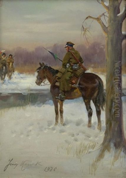 Soldaten Zu Pferde In Verschneiter Fluslandschaft Oil Painting by Jerzy Kossak