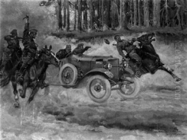 Russian Patrol Attacking Austrian Officers Oil Painting by Jerzy Kossak