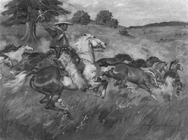 Cowboy Fangt Wildpferde Oil Painting by Jerzy Kossak