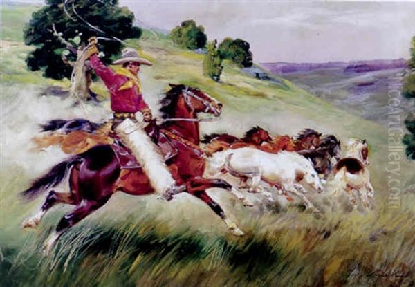 En Lassosvingende Cowboy, Der Indfanger Vilde Heste Oil Painting by Jerzy Kossak