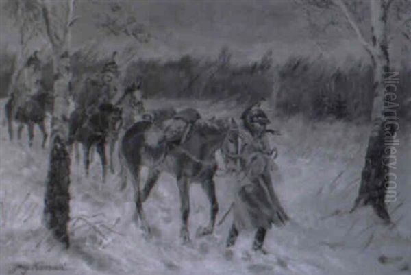 Nach Der Schlacht: Versprengte Kavallerie Im Schnee Oil Painting by Jerzy Kossak