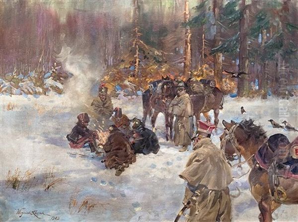 Postoj Po Bitwie Nad Berezyna Oil Painting by Woiciech Ritter Von Kossak