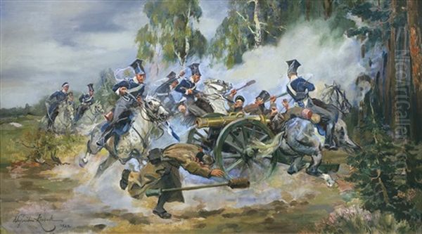 Battle At Stoczek Oil Painting by Woiciech Ritter Von Kossak