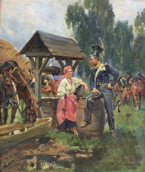 Uhlan And Girl Oil Painting by Woiciech Ritter Von Kossak