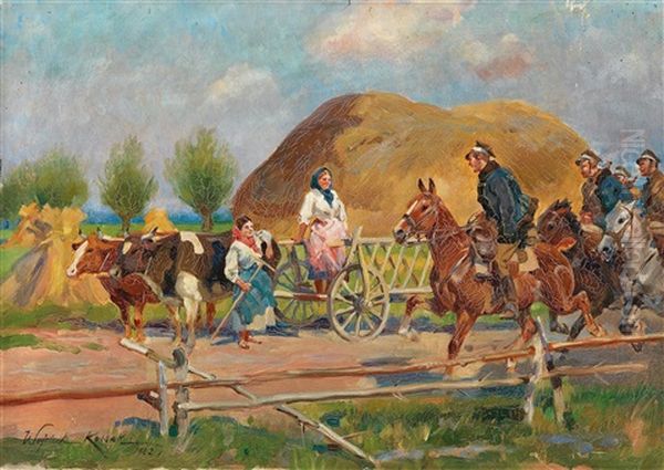 Encounter On The Village Road Oil Painting by Woiciech Ritter Von Kossak