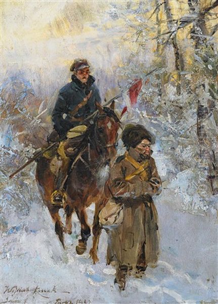 Soldaten Im Schnee Oil Painting by Woiciech Ritter Von Kossak