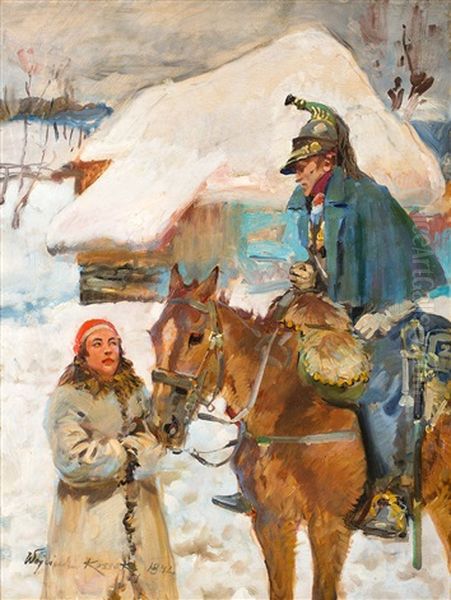 Kirasjer I Dziewczyna Oil Painting by Woiciech Ritter Von Kossak