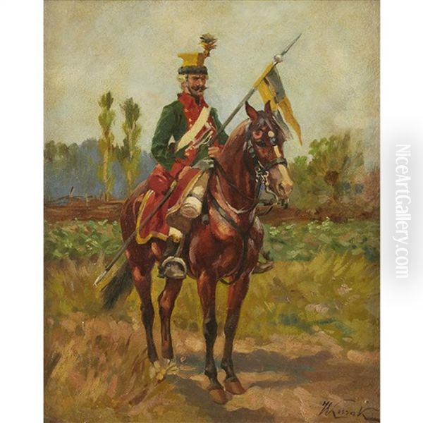 Polish Officer On Horseback Oil Painting by Woiciech Ritter Von Kossak