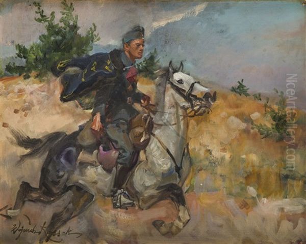 Uhlan On A Horse Oil Painting by Woiciech Ritter Von Kossak