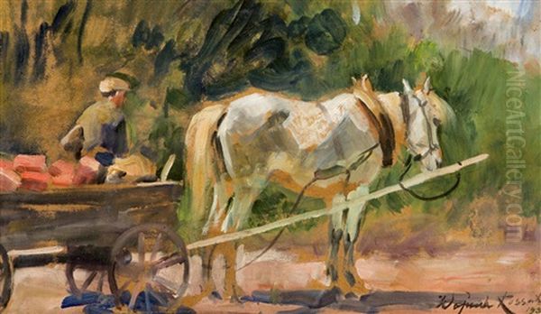 A Harnessed Roan Horse Oil Painting by Woiciech Ritter Von Kossak