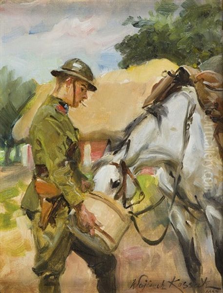 Horse Feeding Oil Painting by Woiciech Ritter Von Kossak