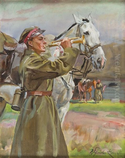 Bugler With A Horse Oil Painting by Woiciech Ritter Von Kossak