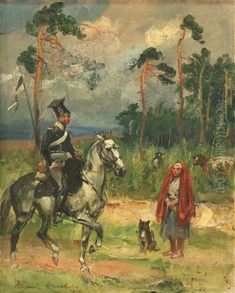 Officer Talking With A Young Girl And Her Dog Oil Painting by Woiciech Ritter Von Kossak