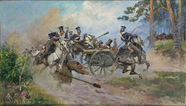 Battle Of Stoczek Oil Painting by Woiciech Ritter Von Kossak