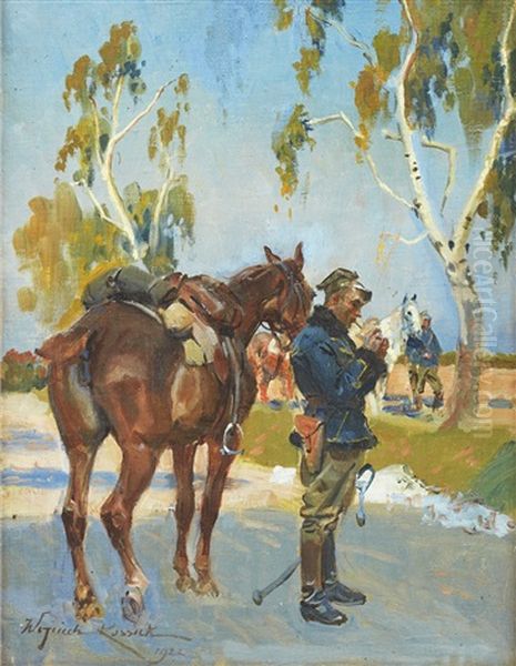 Soldier With His Horse Oil Painting by Woiciech Ritter Von Kossak