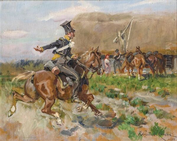 A Mounted Polish Uhlan Officer Oil Painting by Woiciech Ritter Von Kossak
