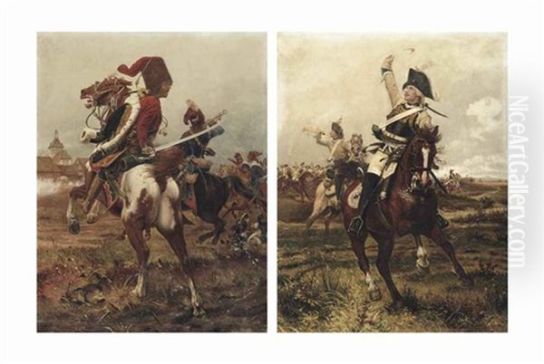 A Zieten Hussar In The Heart Of Battle; And A Cuirassier Leading The Charge (2 Works) Oil Painting by Woiciech Ritter Von Kossak