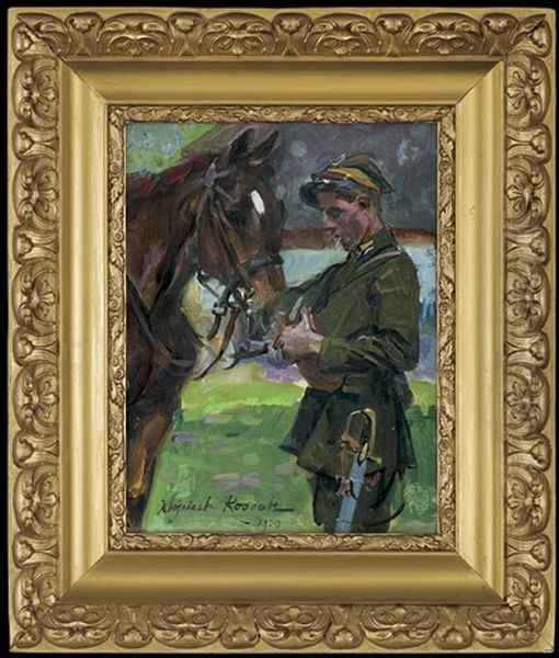 Ulan With A Horse Oil Painting by Woiciech Ritter Von Kossak