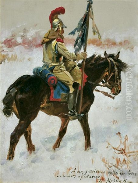 Cuirassier On The Snow Oil Painting by Woiciech Ritter Von Kossak