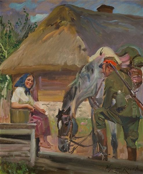 Ulan I Dziewczyna Przy Studni Oil Painting by Woiciech Ritter Von Kossak