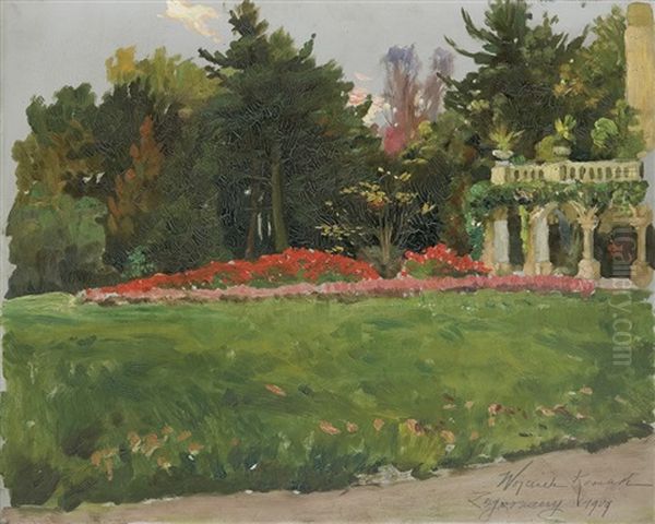 Garden In Front Of The Palace In Zagorzany Oil Painting by Woiciech Ritter Von Kossak
