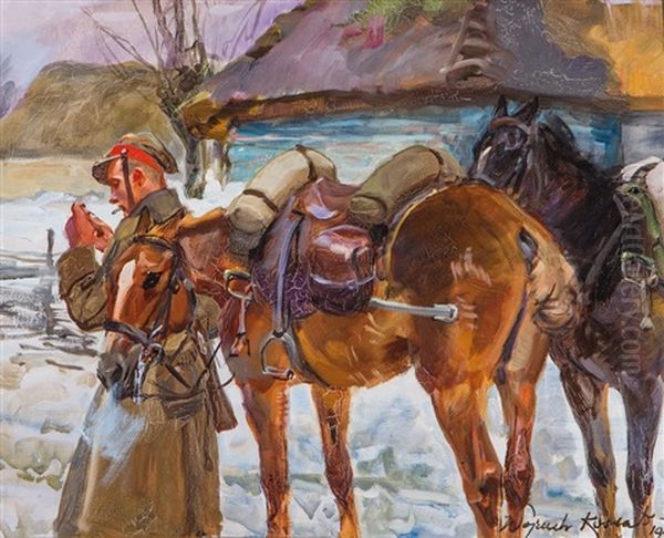 Ulan Z Papierosem I Dwojka Koni Oil Painting by Woiciech Ritter Von Kossak
