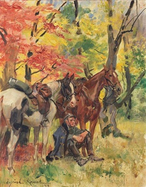 Soldat Assis Avec Deux Chevaux Oil Painting by Woiciech Ritter Von Kossak