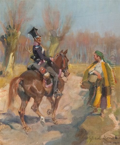 Ulan I Dziewczyna Oil Painting by Woiciech Ritter Von Kossak