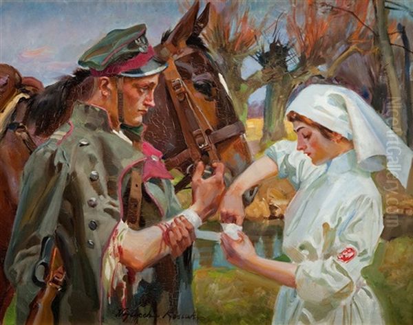 Ulan I Sanitariuszka Oil Painting by Woiciech Ritter Von Kossak