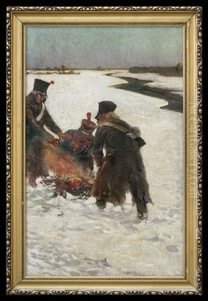 Napoleon Soldiers Campfire Oil Painting by Woiciech Ritter Von Kossak