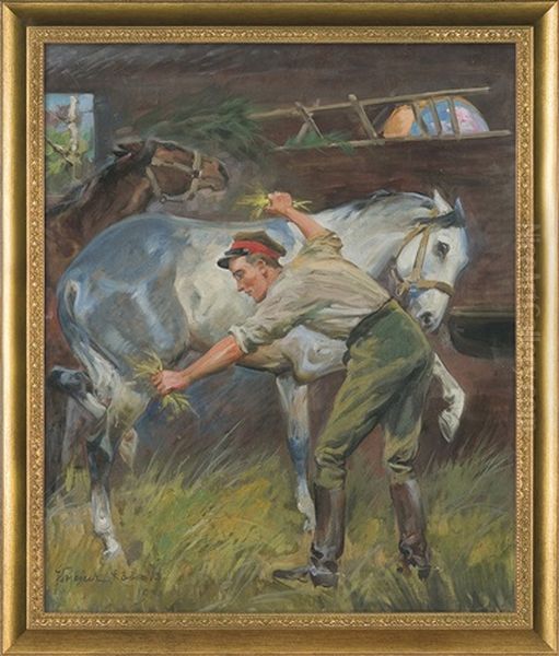 Uhlan With A Horse Oil Painting by Woiciech Ritter Von Kossak