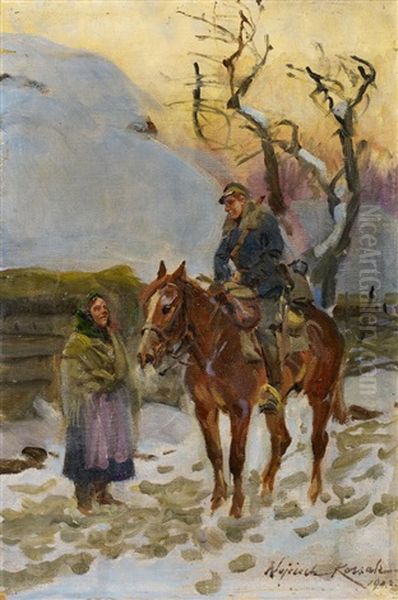 Soldat Zu Pferde Vor Bauerin Oil Painting by Woiciech Ritter Von Kossak