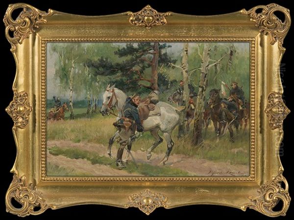 Riders On Patrol Oil Painting by Woiciech Ritter Von Kossak