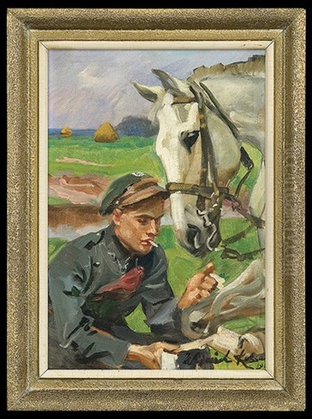 Uhlang Bandaging Horse Oil Painting by Woiciech Ritter Von Kossak
