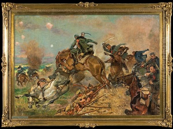 Polish Riders Fighting Russians Oil Painting by Woiciech Ritter Von Kossak
