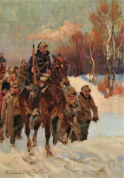 Reconnaissance (+ A Cold Winter March; 2 Works) Oil Painting by Woiciech Ritter Von Kossak