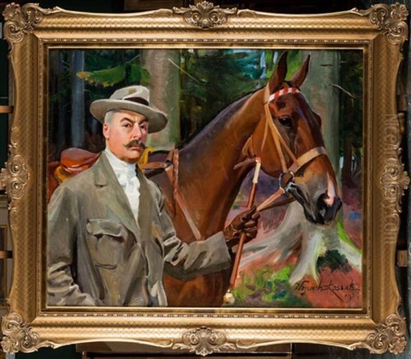 Autoportret Z Koniem Oil Painting by Woiciech Ritter Von Kossak