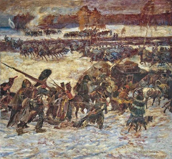 Napoleon's Retreat From Moscow Oil Painting by Woiciech Ritter Von Kossak