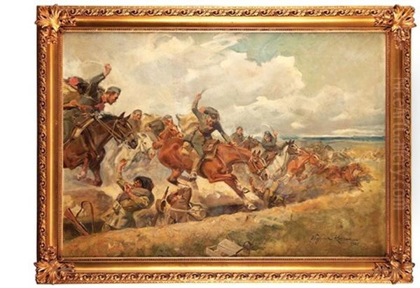 Szarza Pod Rokitna Oil Painting by Woiciech Ritter Von Kossak