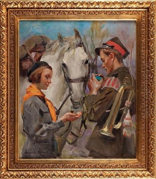 Ulan I Dziewczyna Oil Painting by Woiciech Ritter Von Kossak