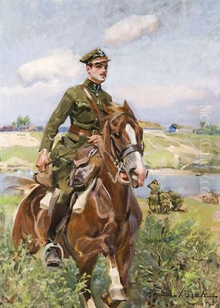 Portret Ppor Soehnela Na Koniu Oil Painting by Woiciech Ritter Von Kossak