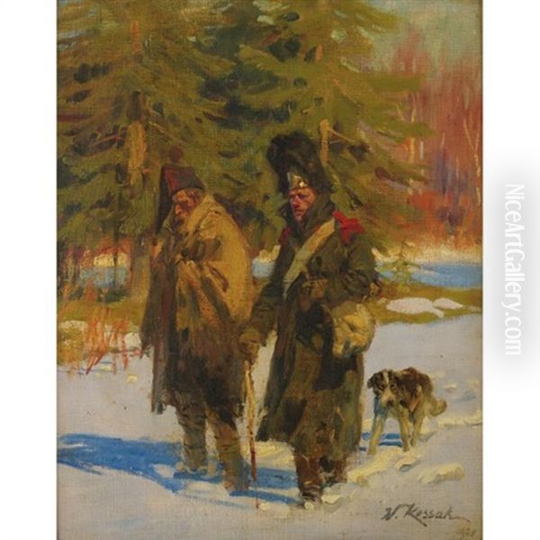 The French Old Guard Retreating From Russia Oil Painting by Woiciech Ritter Von Kossak
