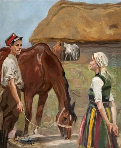 Ulan I Dziewczyna Oil Painting by Woiciech Ritter Von Kossak