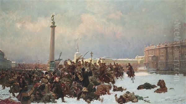 Bloody Sunday In St. Petersburg Oil Painting by Woiciech Ritter Von Kossak
