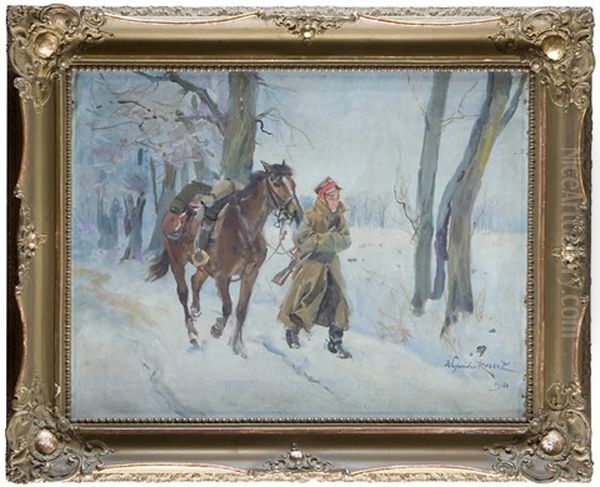 Ulan Prowadzacy Konia Oil Painting by Woiciech Ritter Von Kossak