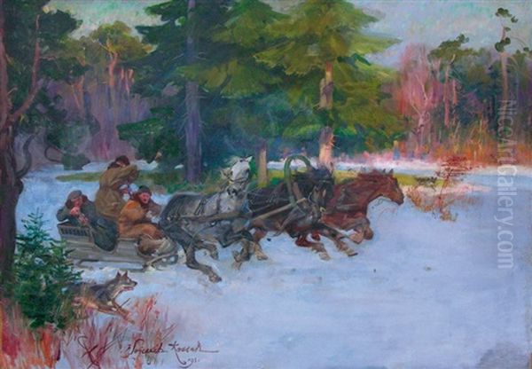 Chasse Au Loups Oil Painting by Woiciech Ritter Von Kossak