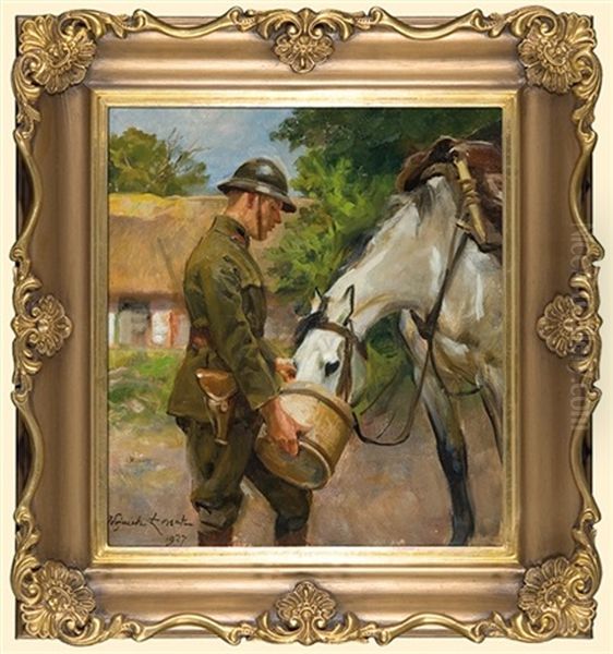 Soldier Watering The Horse Oil Painting by Woiciech Ritter Von Kossak